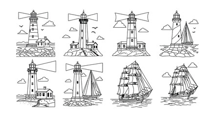 Collection of nautical themed line drawings featuring lighthouses and sailboats © Nayem