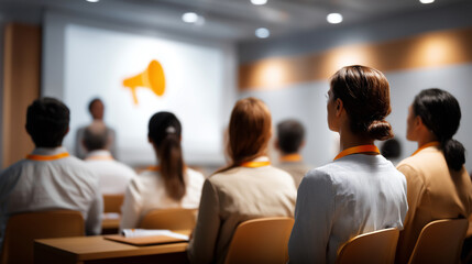 Fototapeta premium Type: Photograph Main Object: Back view of a group of 6-8 marketers seated in a modern conference hall. They are positioned centrally, seen from behind at mid-height camera level.