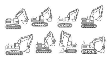 Line art illustration of various construction excavators in different positions © Nayem