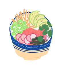 Poke bowl with red fish, beans, avocado, and seaweed. Vector illustration of a Japanese dish