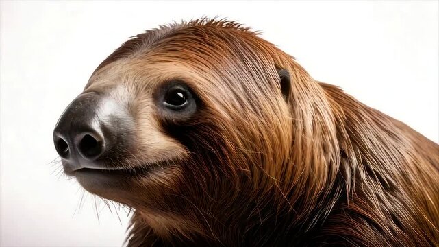 A close-up portrait of a sloth-like mammal, brown fur, on white, contemplative gaze