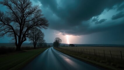 Stormy road with lightning illuminating dark sky and wet asphalt surrounded by bare trees and fields