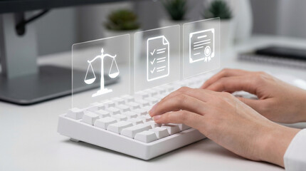 Legal Icons on Transparent Screens Above Keyboard, Representing Digital Law and Online Justice Technology, Futuristic Legal Tech Mockup