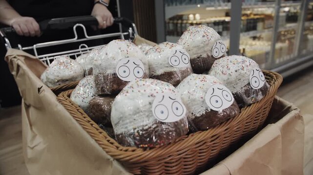 Easter Cakes With Scared Faces Waiting For Purchase