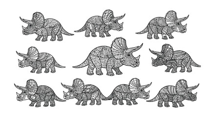Intricate zentangle dinosaurs a collection of stylized triceratops designs © Nayem