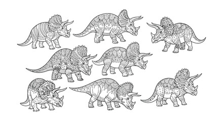 Intricate zentangle dinosaurs a collection of stylized triceratops designs © Nayem