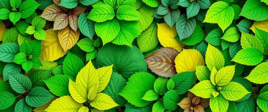 Vibrant green leaves arranged in an overlapping collage, showcasing diverse textures and shapes, photography, artistic