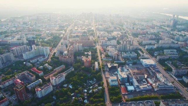 Aerial flight over Ufa city in Russia
