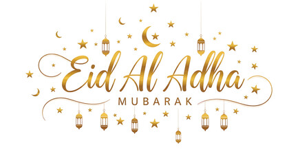 Eid al adha mubarak greeting with golden crescent moon stars and lanterns on white background © Saharia