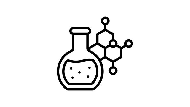 A linear style animated icon of organic chemistry flask with compound structure