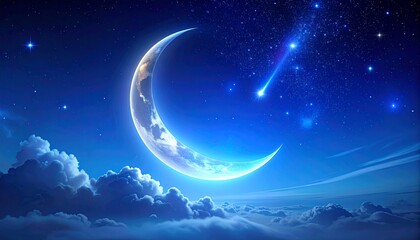 Crescent moon illuminates a starry night sky with a vibrant shooting star