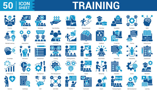 Training  color style icon set collection editable stroke concept of, practice, seminar, building, office materials, personal growth, internship, simulation, and more. Illustration Eps 10