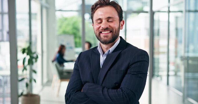 Realtor, face or man in agency with arms crossed, pride or ambition as property seller. Happy, portrait or real estate agent in office with experience, about us or confidence in housing industry.