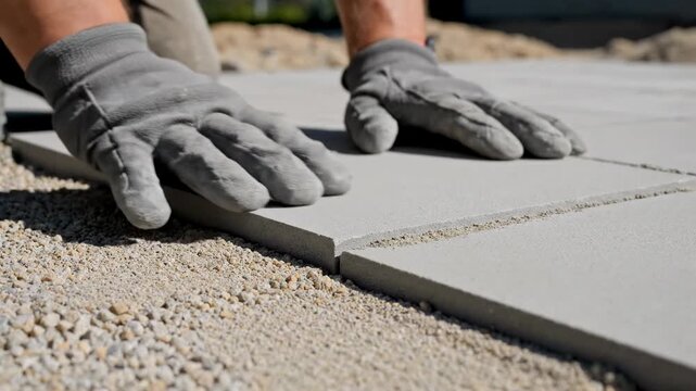 Construction worker's gloved hands carefully placing paving stones on a gravel base