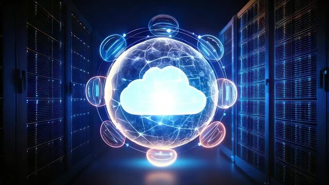 A digital cloud graphic glows in a server room. Data transfers between nodes in a network