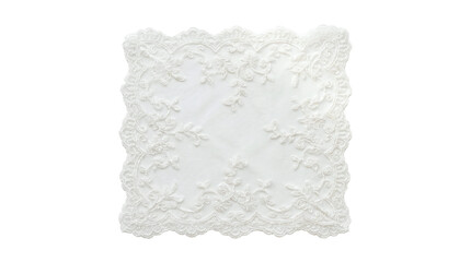 Elegant square white lace napkin with intricate floral embroidery and scalloped edges on a...