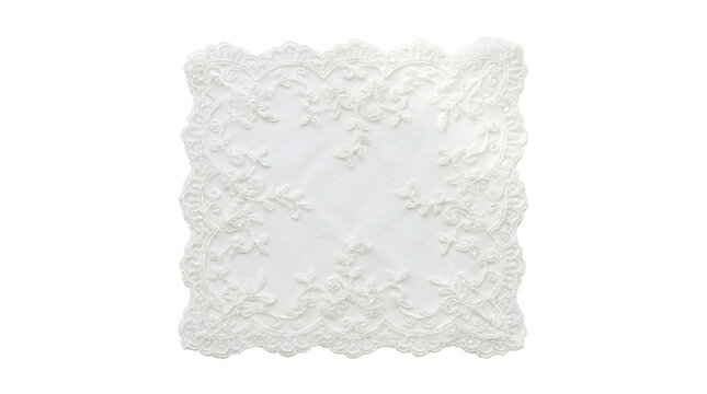 Elegant square white lace napkin with intricate floral embroidery and scalloped edges on a transparent background