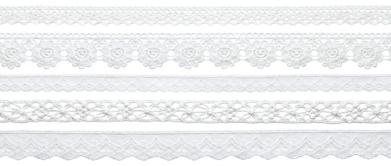 Collection of six different white lace ribbons and crochet borders, sewing trimmings on a transparent background