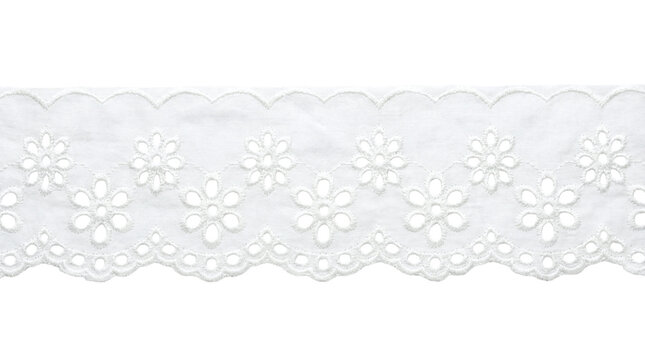 White cotton eyelet lace trim border, broderie anglaise fabric ribbon on a transparent background.