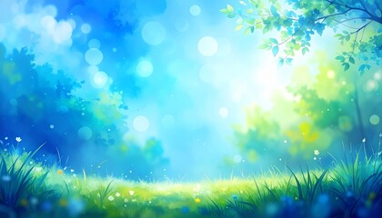 Dreamy meadow landscape with sunbeams and shimmering bokeh effects