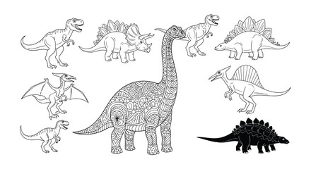A collection of various dinosaur outlines and a uniquely patterned brontosaurus © Nayem