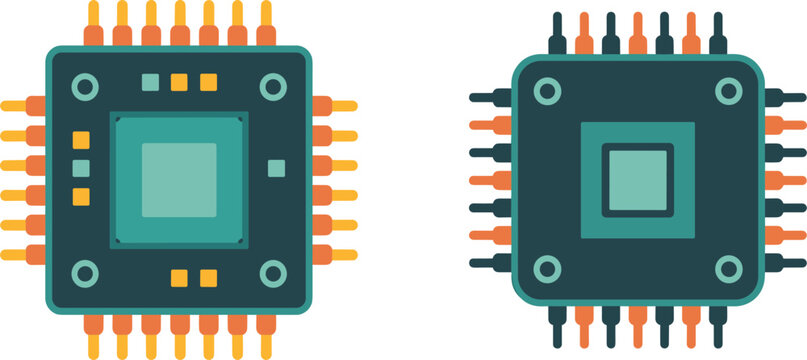 Digital CPU microchip processor vector icons, computer hardware technology, circuit board component, and electronic data processing