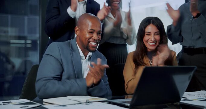 Happy, applause and business people in office with laptop, notification or success for finance startup. Team, celebration and clap in financial agency with computer, announcement or goal achievement.