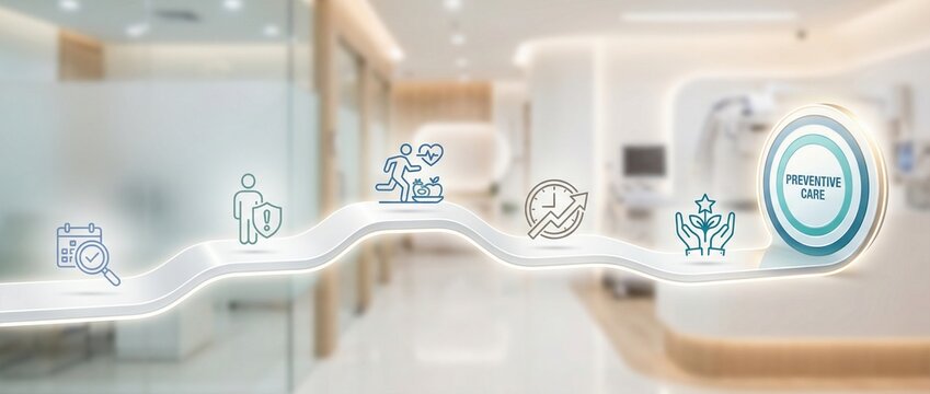 Preventive care, healthcare, medical, wellness, prevention, checkup, lifestyle icons on a roadmap graphic over a blurred modern hospital background for clinical service marketing.