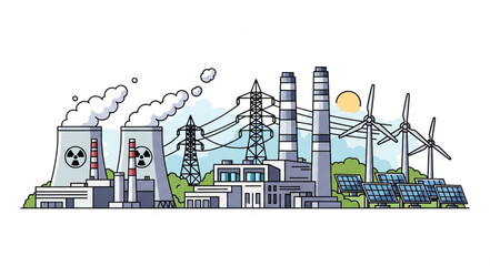 Obraz premium Illustration of a power plant with various energy sources and technologies.