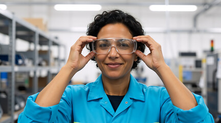 Obraz premium Portrait of a female factory worker putting on safety glasses. Professional woman engineer in a blue uniform at an industrial warehouse. Manufacturing and safety concept. Copy space for text