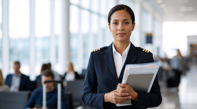 Portrait of a female airline pilot in uniform at the airport. Professional woman captain holding documents in terminal. Aviation career concept. Copy space for text
