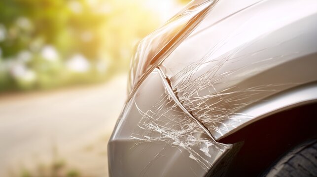 Damaged silver car front bumper with deep scratches outdoors