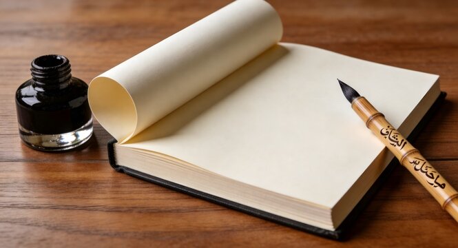 Open blank book with Arabic calligraphy pen and ink pot