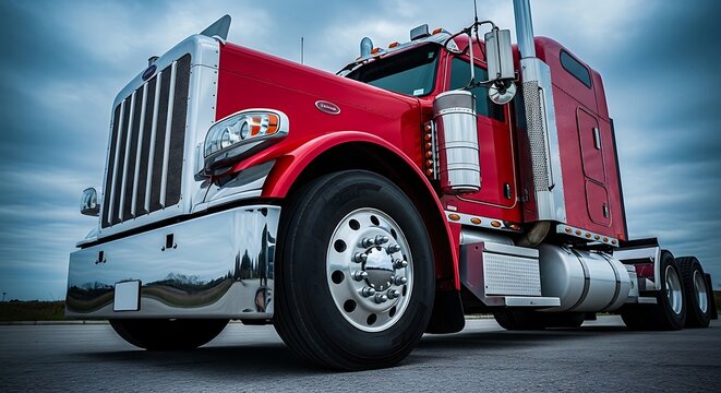 Low angle view of a red semi truck parked on a road