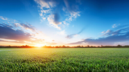 Obraz premium Green grass field stretching towards the horizon under a glowing sunset and soft cloudy sky, symbolizing growth and fresh starts
