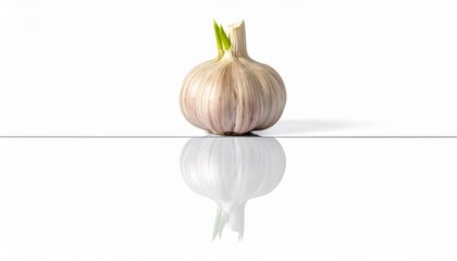 Garlic bulb with reflection on a glossy white surface studio shot