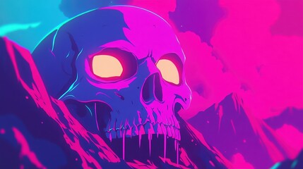 A vibrant, surreal illustration of a giant skull amidst colorful landscapes evokes a sense of mystery and intrigue, perfect for projects related to fantasy, art, gaming, or Halloween themes,