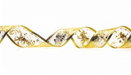 Gold ribbon with musical notes and festive figures on white background