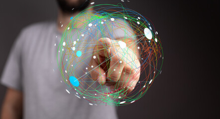 Abstract image of a person interacting with a digital network, representing technology,...