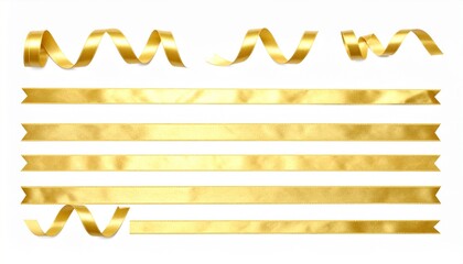 Golden ribbons in flowing curled shapes and straight strips against a white background