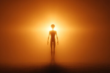 A lone figure bathed in golden light stands before an unseen source, surrounded by haze and mystery. The cinematic mood suggests revelation or first contact.