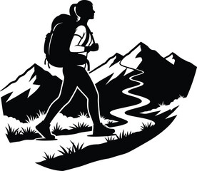 Hiker walking on a mountain trail isolated on transparent background