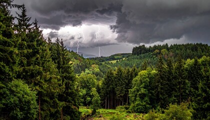 Jagged lightning strikes illuminate a stormy sky above a rolling green forest