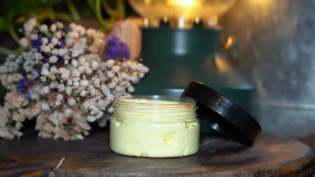 Homemade face or body cream with turmeric in glass jar on dark wooden background with dry flowers and soft light. Natural skincare, herbal cosmetics, and clean beauty concept.