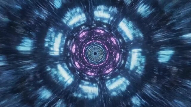 Bright lights move in circles with a dark background during a fast-paced journey through a digital space