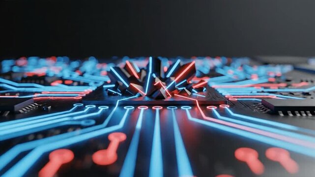 Futuristic circuit board with glowing blue and red pathways and a central hub, viewed from a low angle