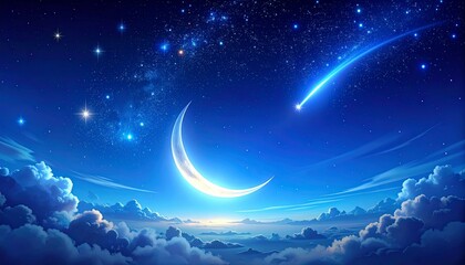 Luminous crescent moon and shooting star in a deep blue starry night sky with clouds