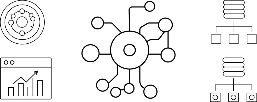 Black and white line art flowchart and graph icons isolated on transparent background