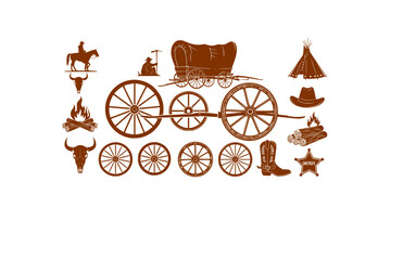 Wagon Wheel Pioneer Vector Set - Black Silhouette Illustrations, Frontier Graphics, Wagon Wheel , Pioneer Trail Design Elements