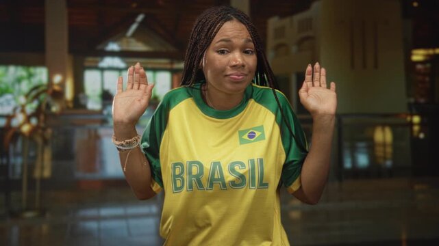 Woman with hands raised palms up wearing yellow green brasil shirt showing flag in hotel building lobby; casual pride.